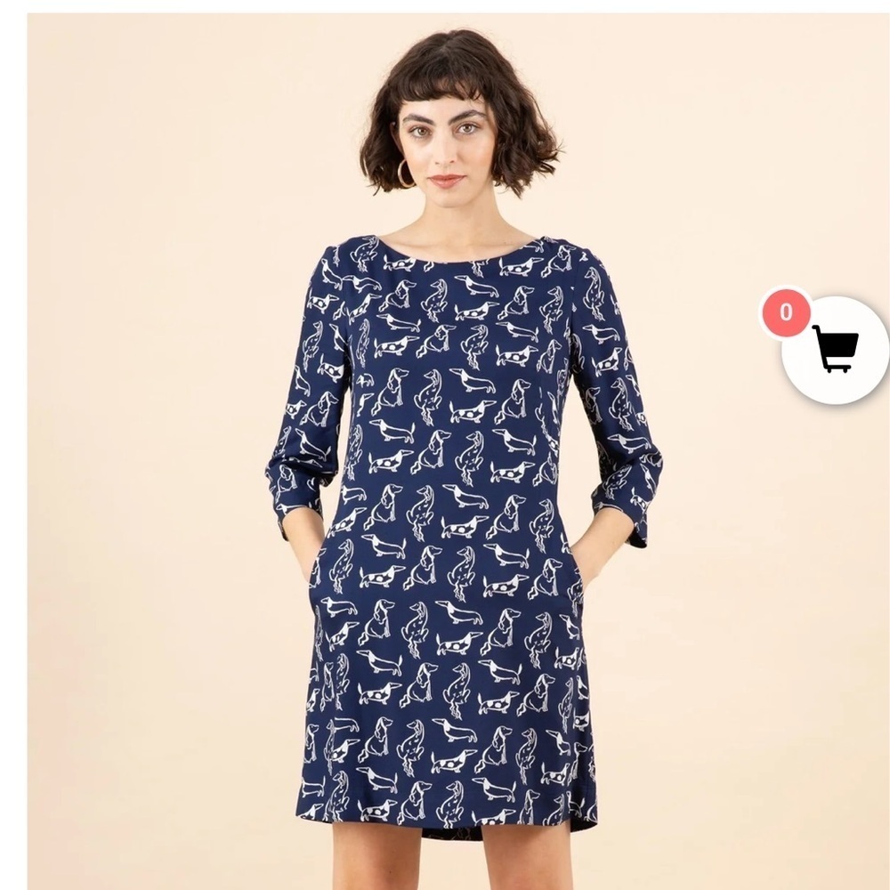EMILY & FIN EFFY TUNIC DRESS CITY DOGS daschund navy blue long sleeve M - Picture 2 of 7
